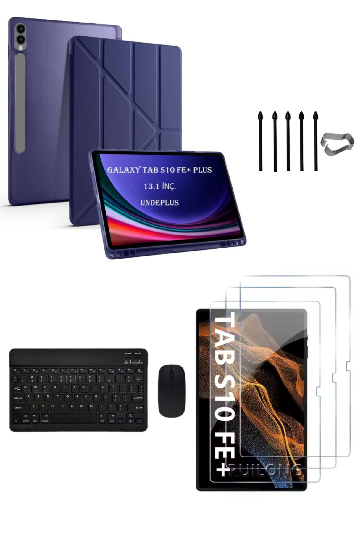 Samsung Galaxy Tab S10 FE+ Plus Origami Case+Keyboard Mouse+S Pen Replacement Tip+Screen Protector Navy Blue