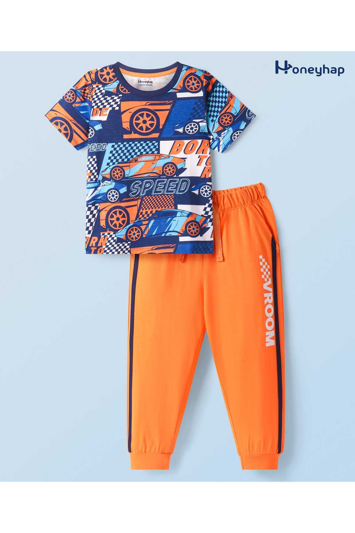 Honeyhap-Pyjama Set with Text Print & Tape Detailing - Multicolor 1