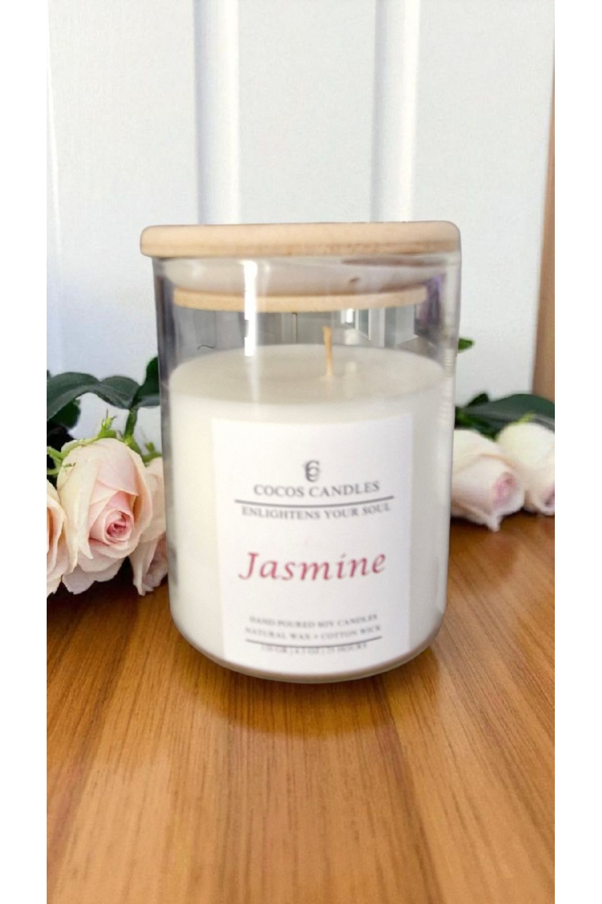 Natural Soy Candle with Bamboo Lid for Aromatherapy & Meditation – Jasmine Scented (120g)
