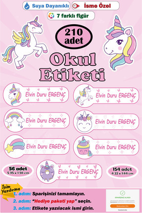 GSticker İsme Özel Okul Etiketi Kalem Defter Etiketi Erkek Çocuk Unicorn Figü...