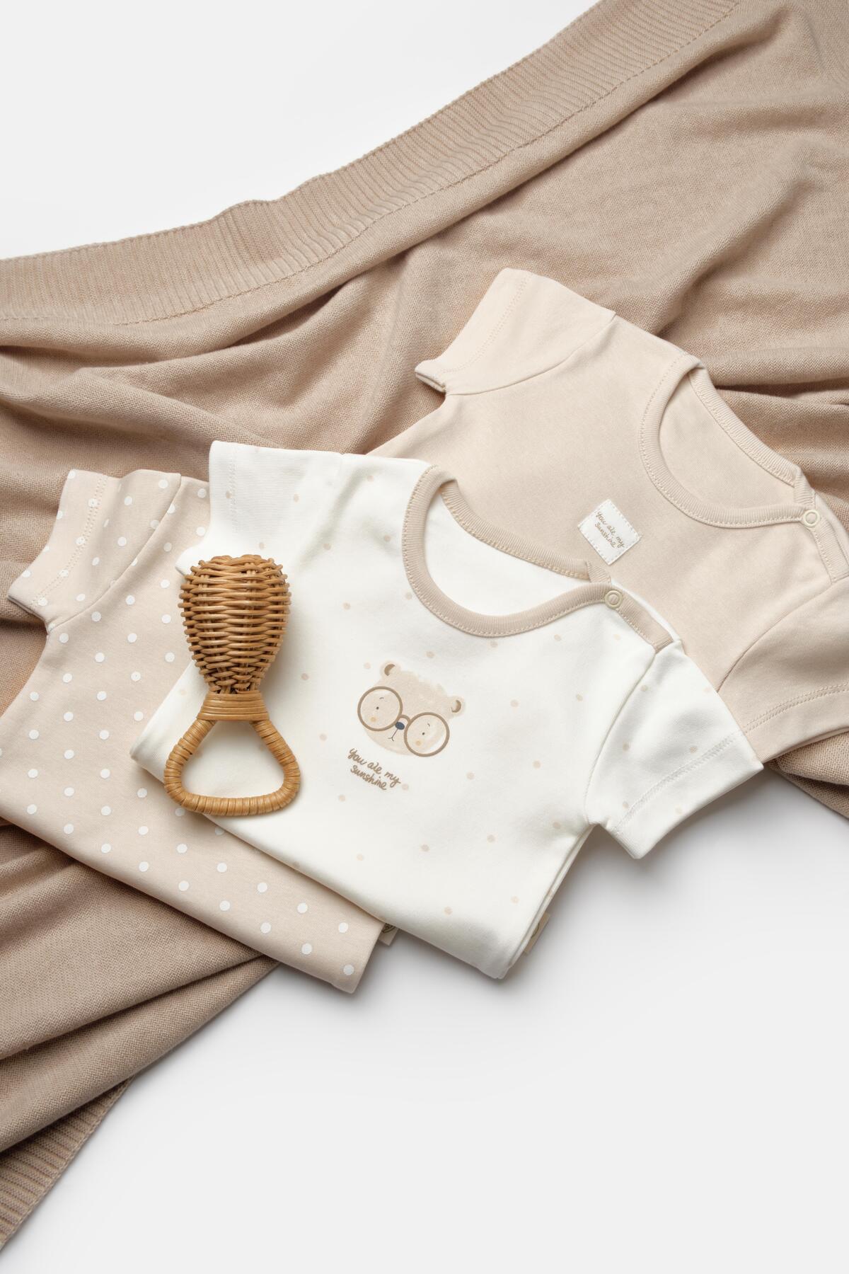 Magu Unisex Bebek Pamuklu Bej Ekru 3'lü Baskılı Çıtçıtlı Body Seti - Kısa Kollu fotoğrafı 3 (önizleme)