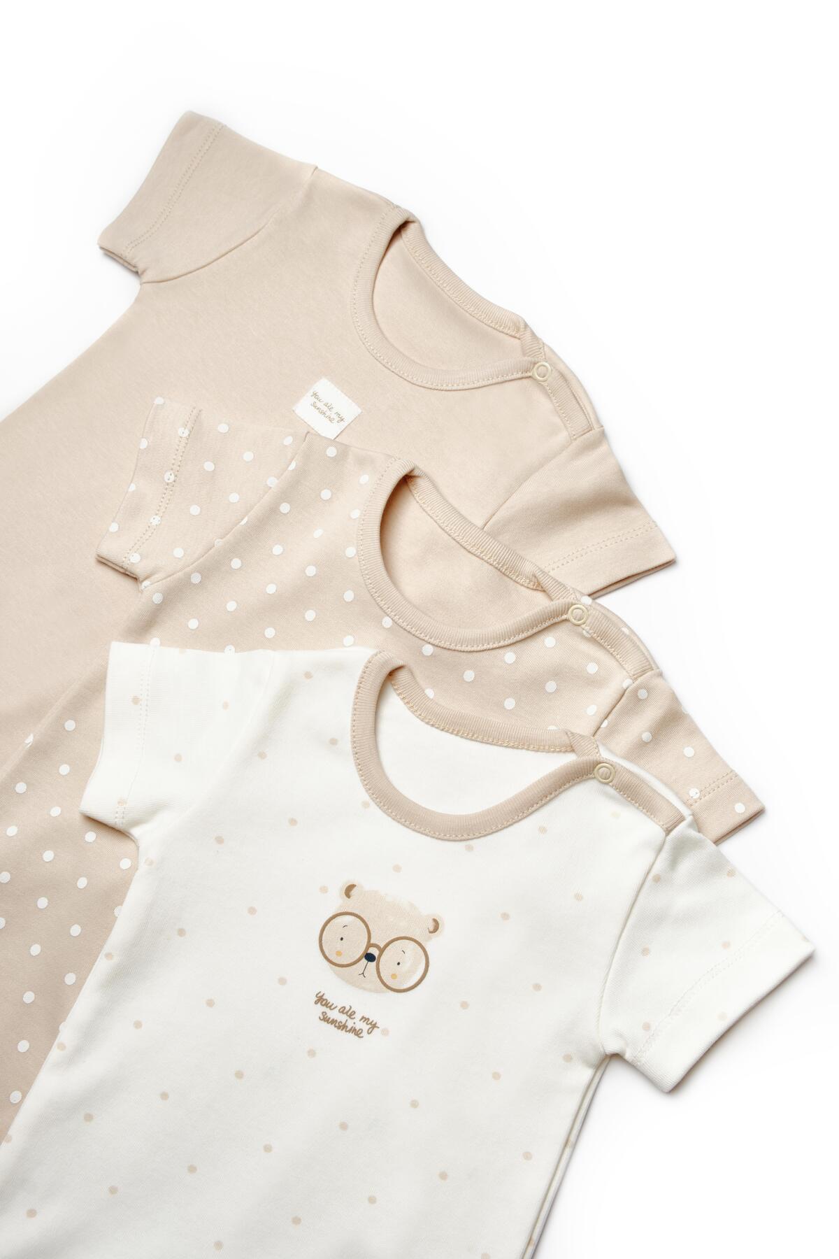Magu Unisex Bebek Pamuklu Bej Ekru 3'lü Baskılı Çıtçıtlı Body Seti - Kısa Kollu fotoğrafı 6 (önizleme)