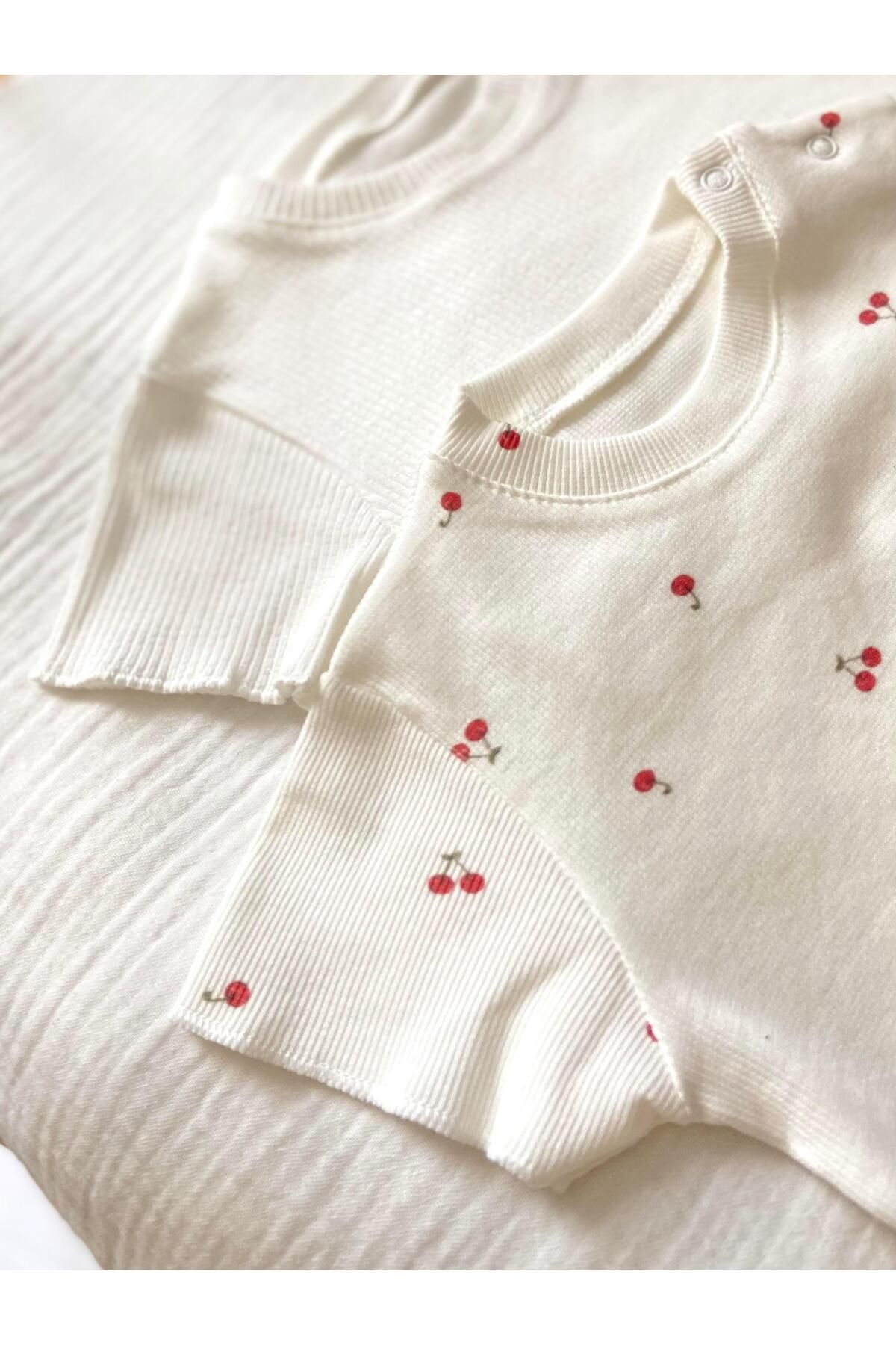Zezig-Cherry Pattern and Glitter White Color 2 Pieces Camisole Bottom-Top Set 100% Cotton 3