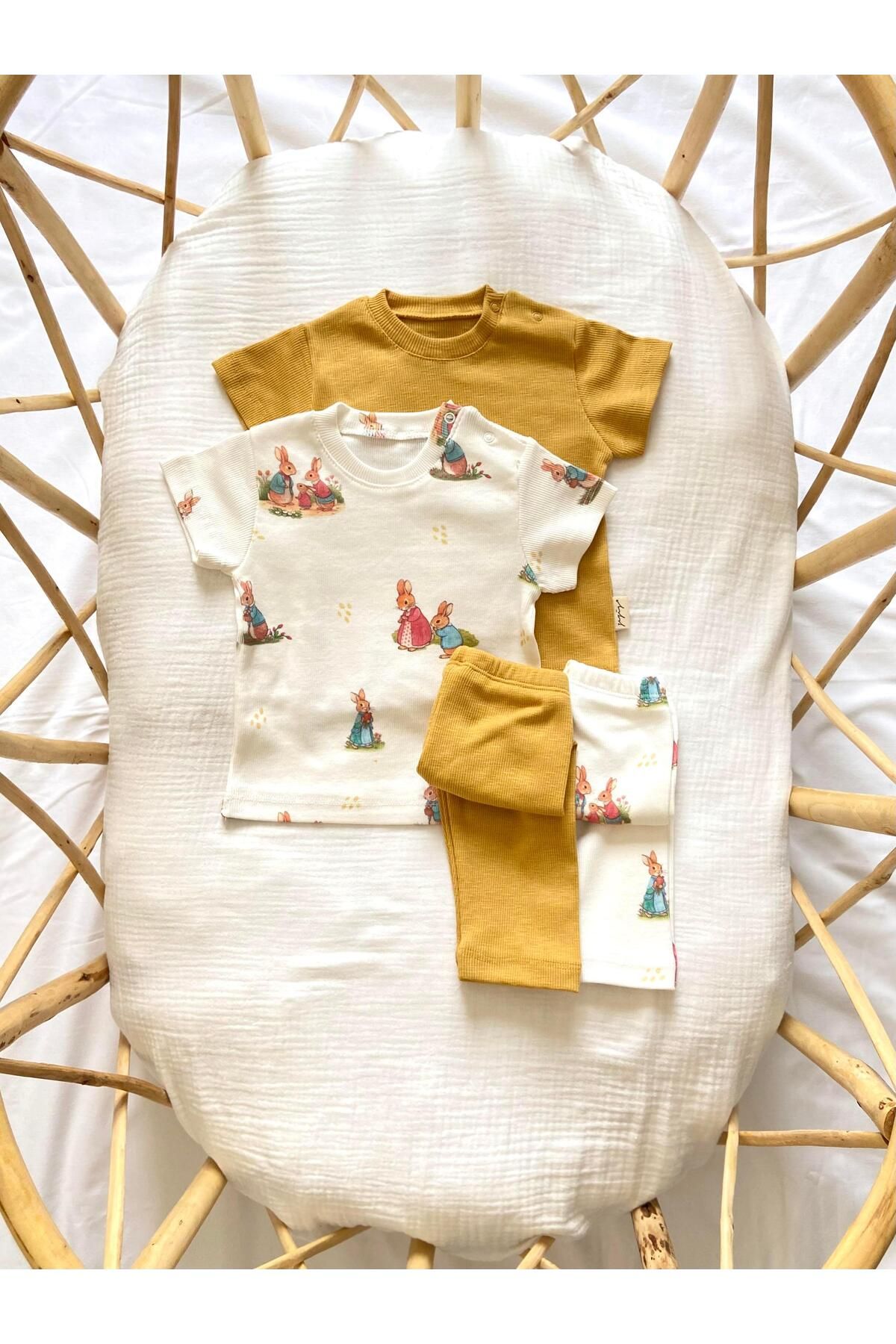 Zezig-Rabbit Family Pattern and Mustard Color 2 Pieces Camisole Bottom-Top Set 100% Cotton 2