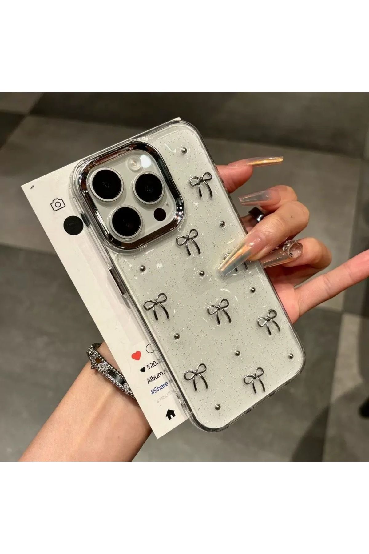 EDELFU-Glitter Bow Pattern Clear iPhone Case for iPhone 15 Pro - 3D Embossed, Slim and Elegant Design 2