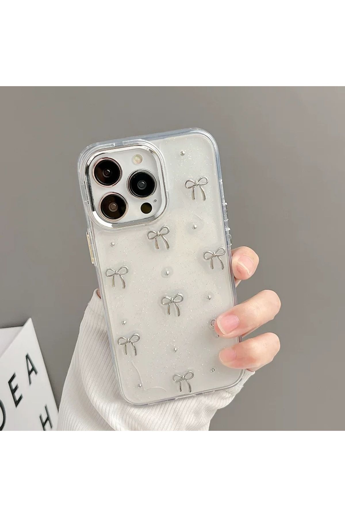 EDELFU-iPhone 15 Plus & 14 Plus Glitter Bow Pattern Clear Case for iPhone - 3D Embossed, Elegant Design 3