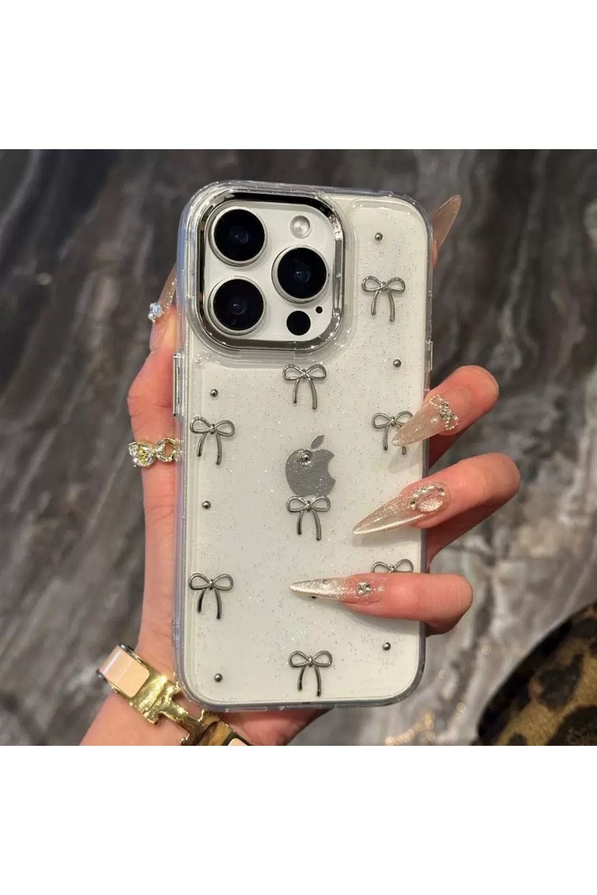 EDELFU-iPhone 15 Pro Max Glitter Bow Pattern Transparent Case for iPhone - 3D Embossed, Slim and Elegant Design 3