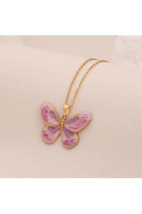 LUNSERA Pembe-Mor Renkli Kelebek Figürlü Çelik Kolye | Altın Renk Zincirli Ka...