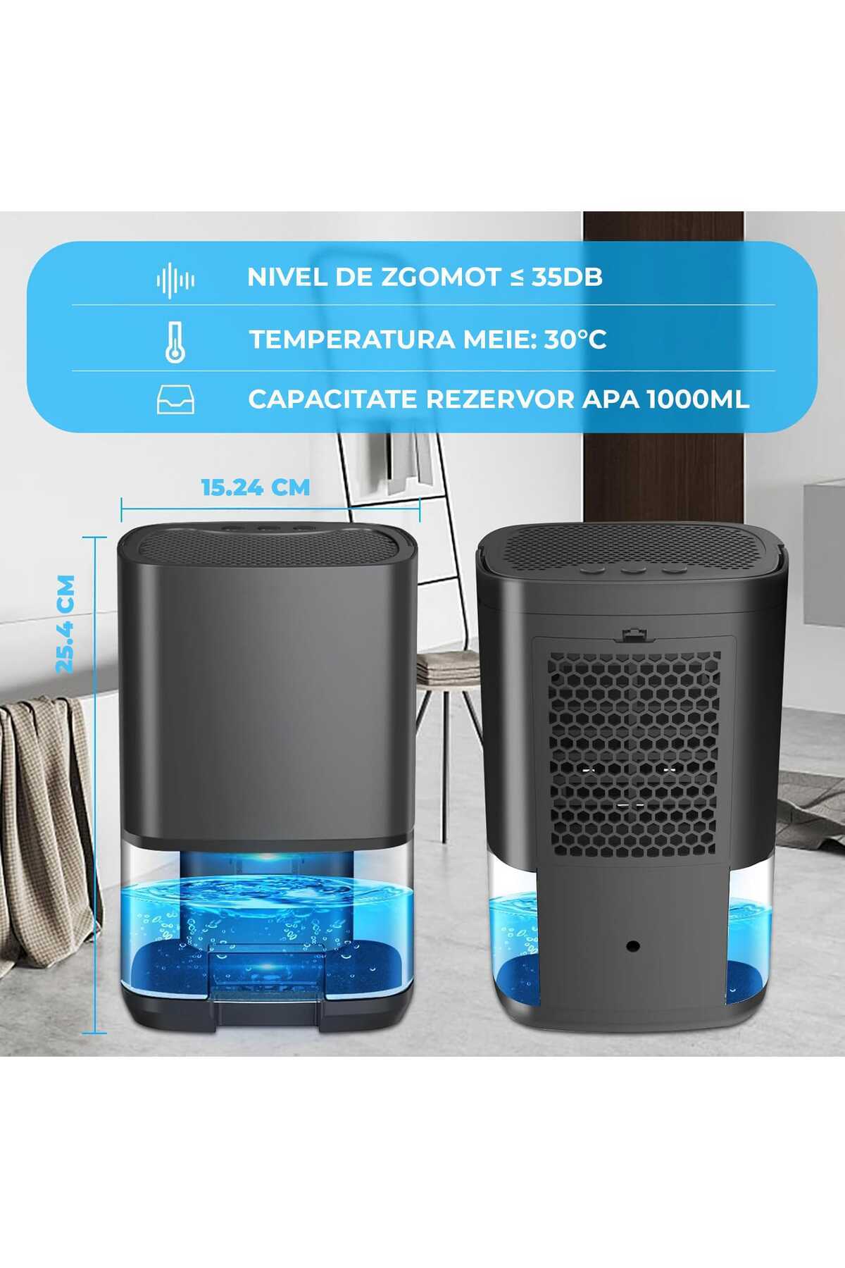 Elindor-Dezumidificator portabil, oprire automată, rezervor de 1 litru, lumini LED, negru 6