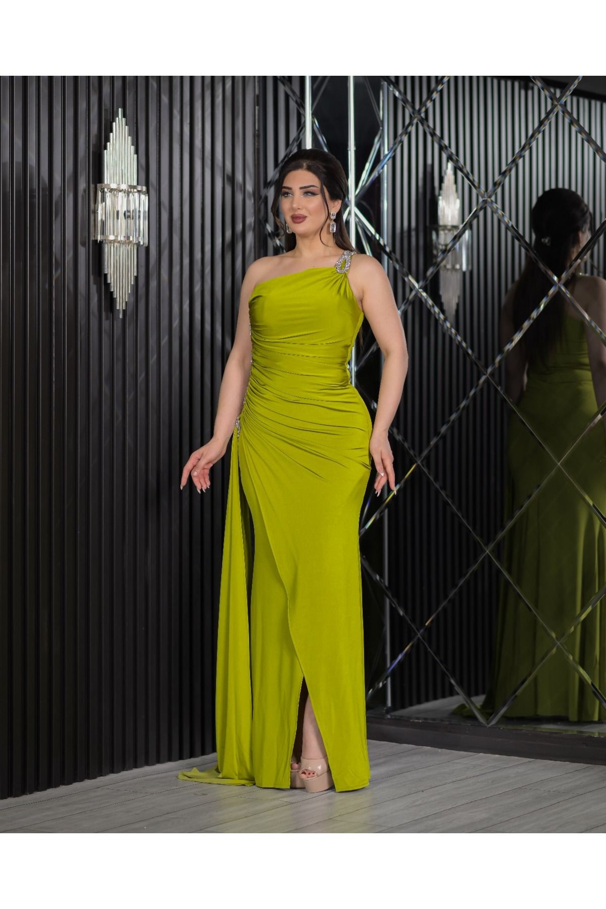 CAREZZA-Dralithe - Draped Fit Evening Dress with Stone Stripe 1