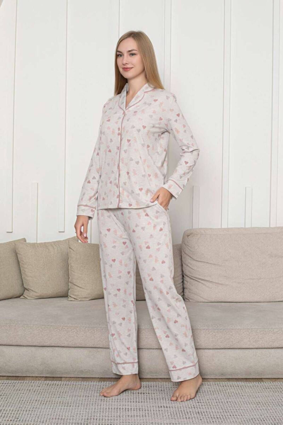 ALİMER-Set pijamale pentru femei cu nasturi în față - model de inimă bej cu mâneci lungi Lycra Rink Viscose 2868UY 2