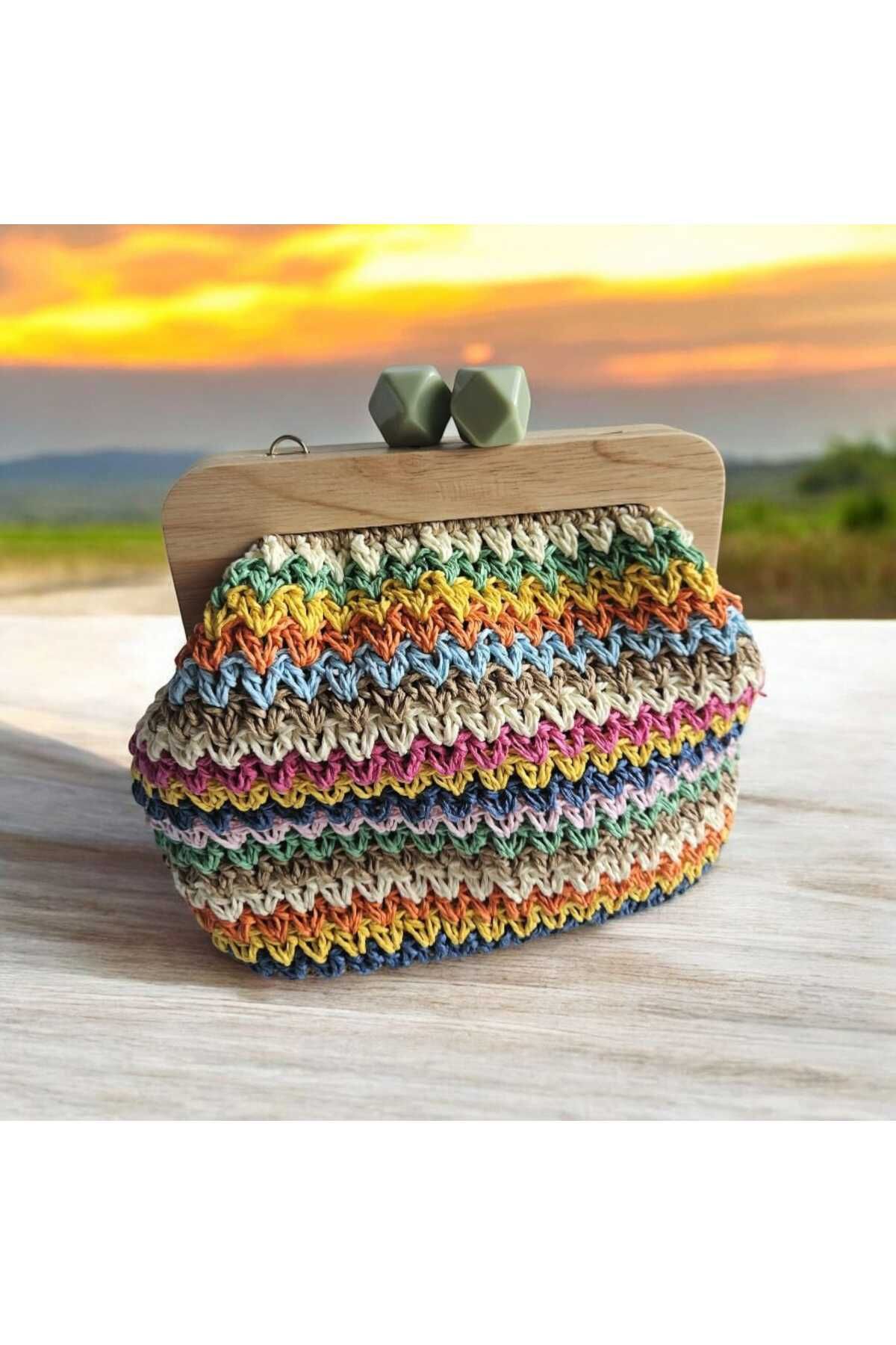 SONİKON LİNE-Handmade Straw Look Clutch Bag Colorful Weave Design, Handmade Shoulder Bag with Lining and Chain 5