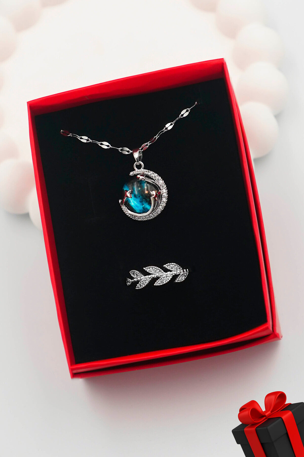 TREND COLLECTİON Kadın Paslanmaz Çelik Gümüş Gökyüzü Kolye Taşlı Zarif Yüzük Set