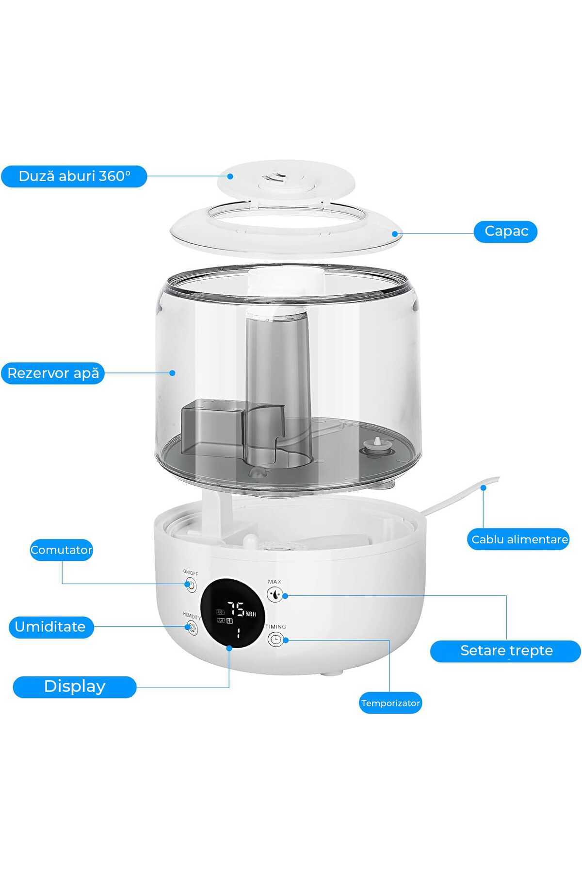 Elindor-Humidifier with Aromatherapy Diffuser and LEDs, 3L Tank, 280 ml/h, 3 Modes, Automatic Shutoff, White 6