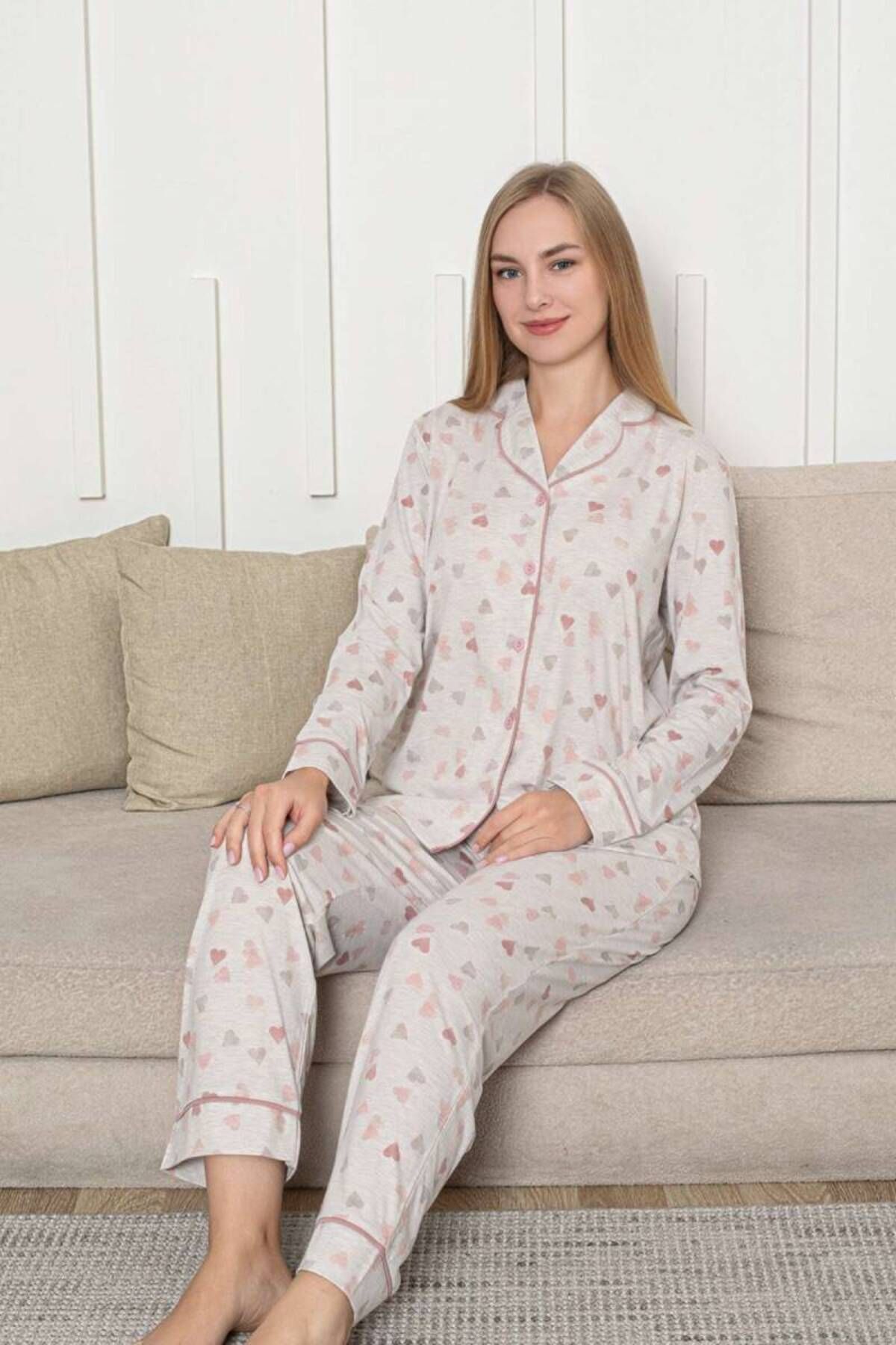 ALİMER-Set pijamale pentru femei cu nasturi în față - model de inimă bej cu mâneci lungi Lycra Rink Viscose 2868UY 3