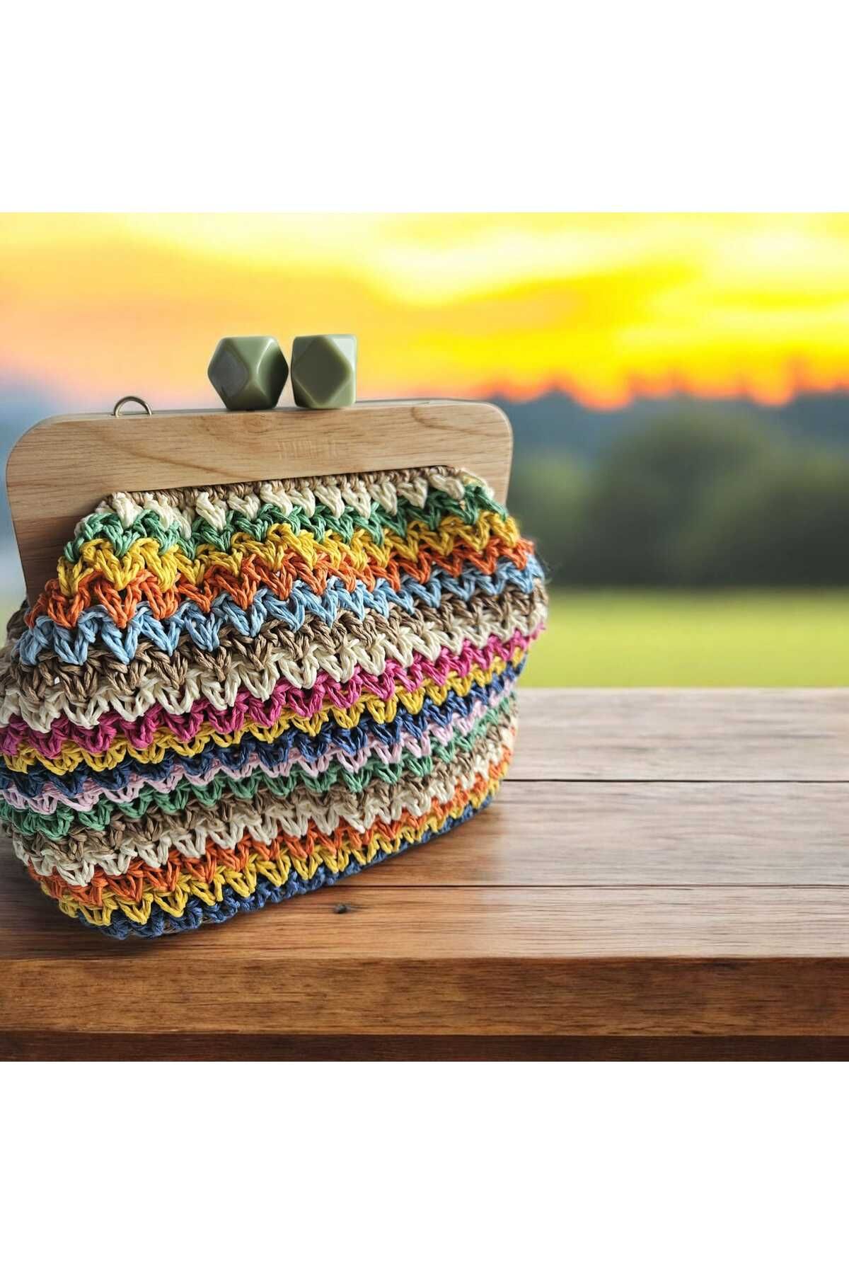 SONİKON LİNE-Handmade Straw Look Clutch Bag Colorful Weave Design, Handmade Shoulder Bag with Lining and Chain 7