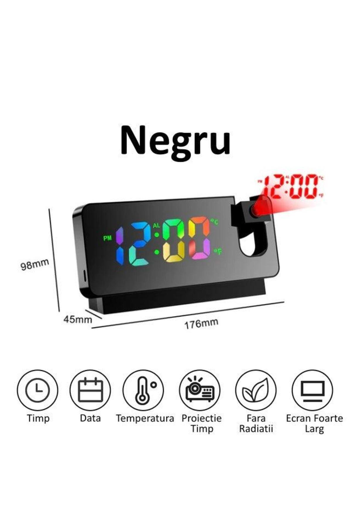 VTM-Black Digital Clock with RGB LED, 5m Projection, 180° Rotation, Alarm, Temperature, 2 Brightness 3