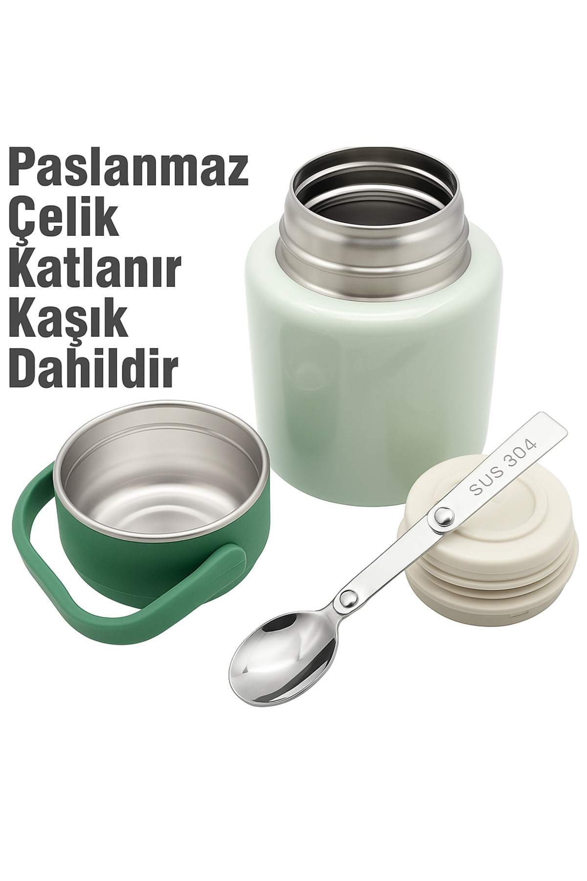 Elista Çelik Mama Termosu sıcak veya soğuk yiyecekler için öğle yemeği termosu 900 ml Yeşil fotoğrafı 7 (önizleme)