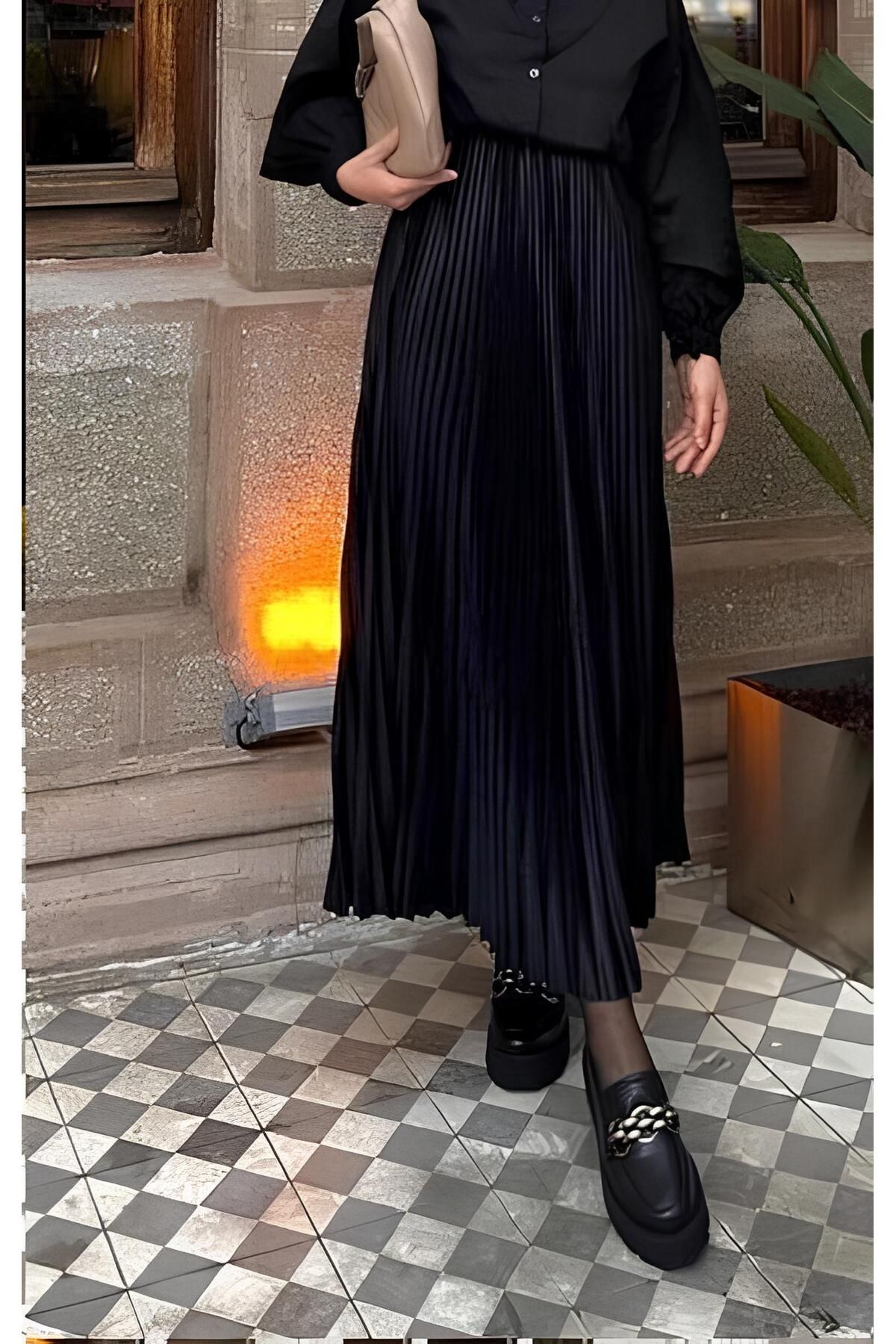 VOICTEC-Pleated Skirt Shiny Appearance Standard Size (Compatible with 38-44) Elastic Waist 1