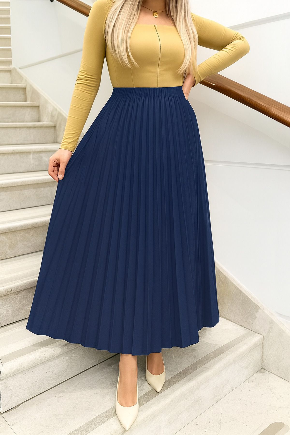 VOICTEC-Pleated Skirt Shiny Appearance Standard Size (Compatible with 38-44) Elastic Waist 1