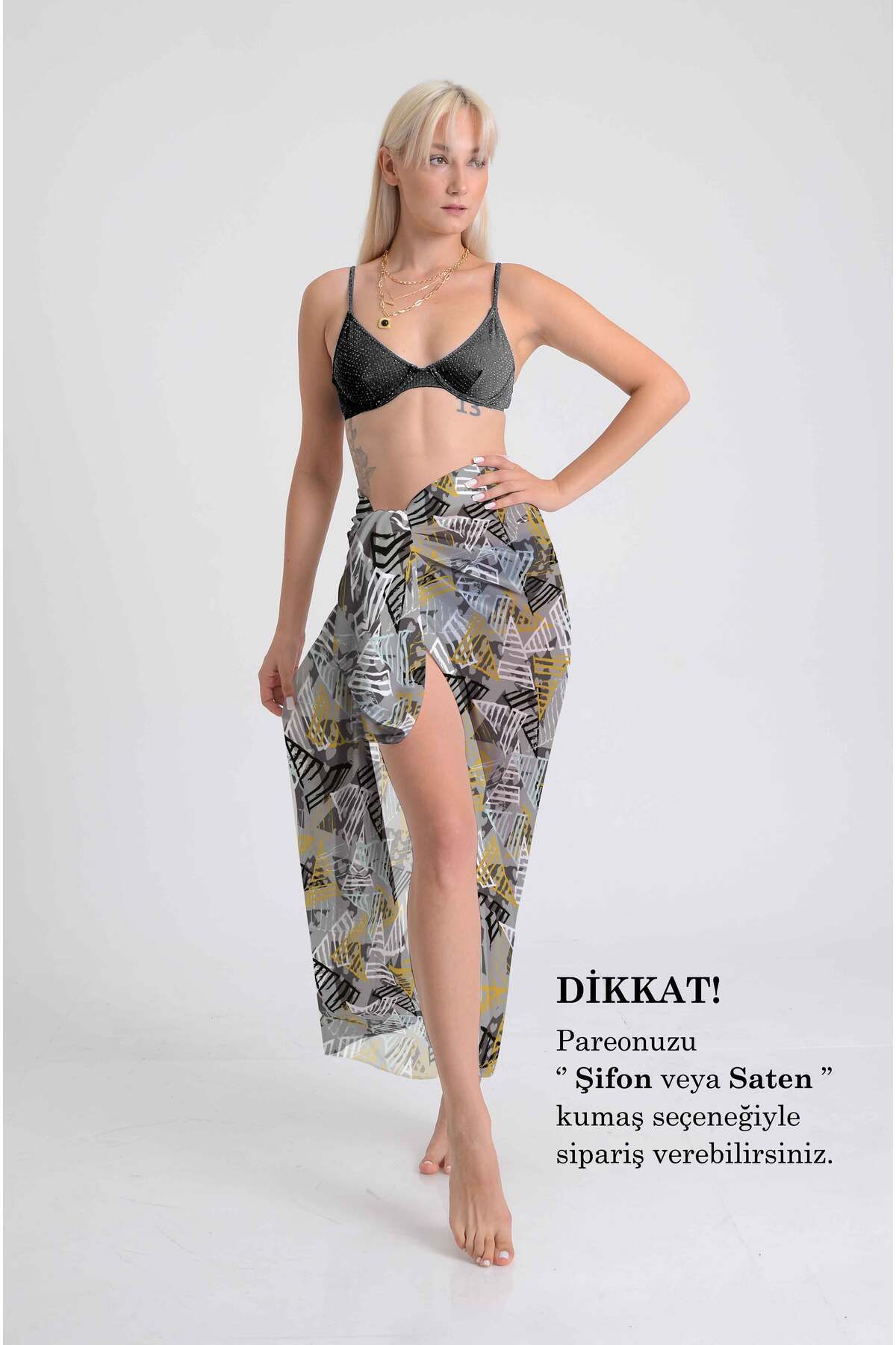 DESENİX-Modern Geometric Triangle Pattern Pareo Grey and Mustard Shades |   100X145Cm |   Digital Printing Silky Chiffon 1
