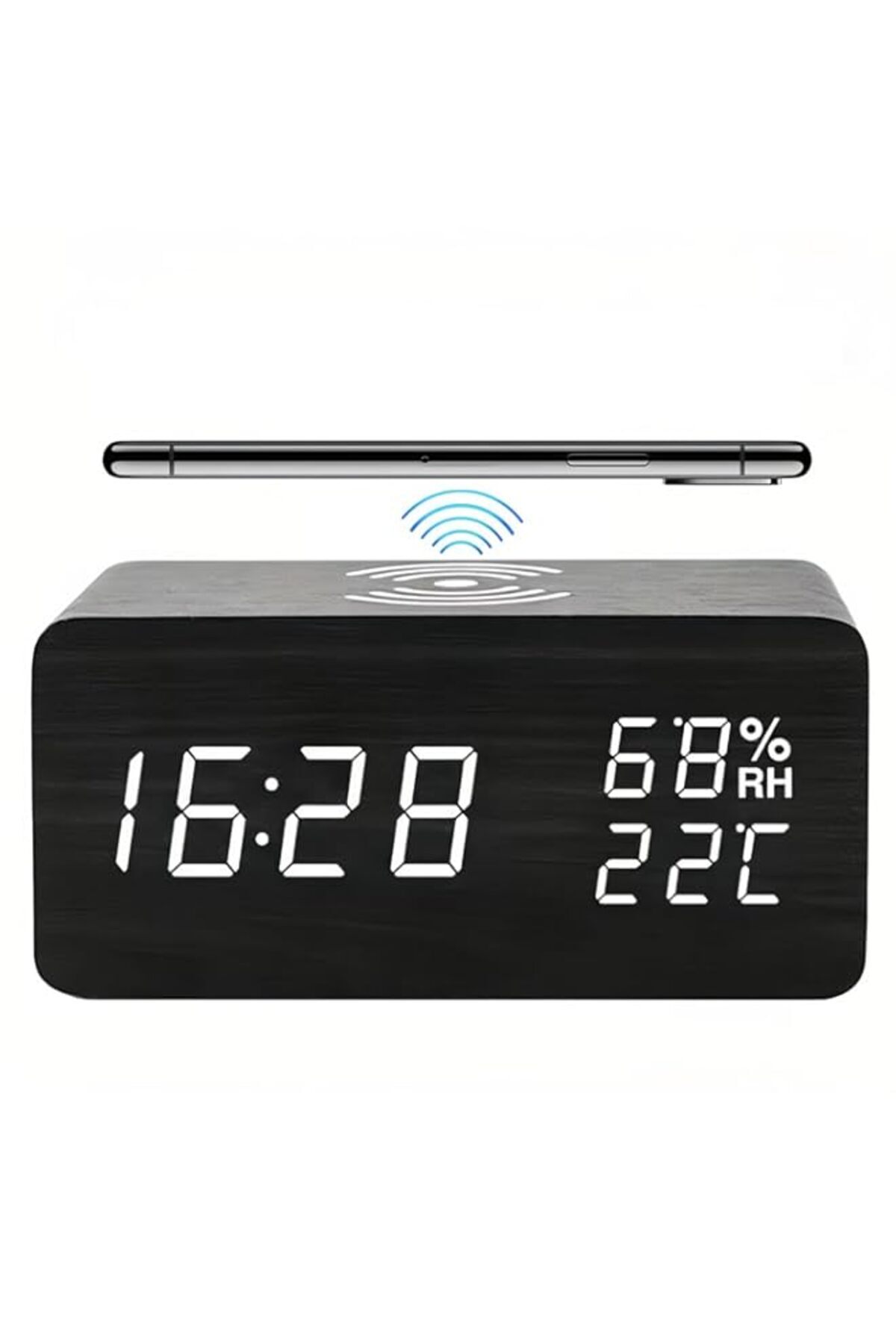 Generic-Lancoon Wooden Digital Alarm Clock with LED Wireless Charging Temperature and Humidity Display Adju 1