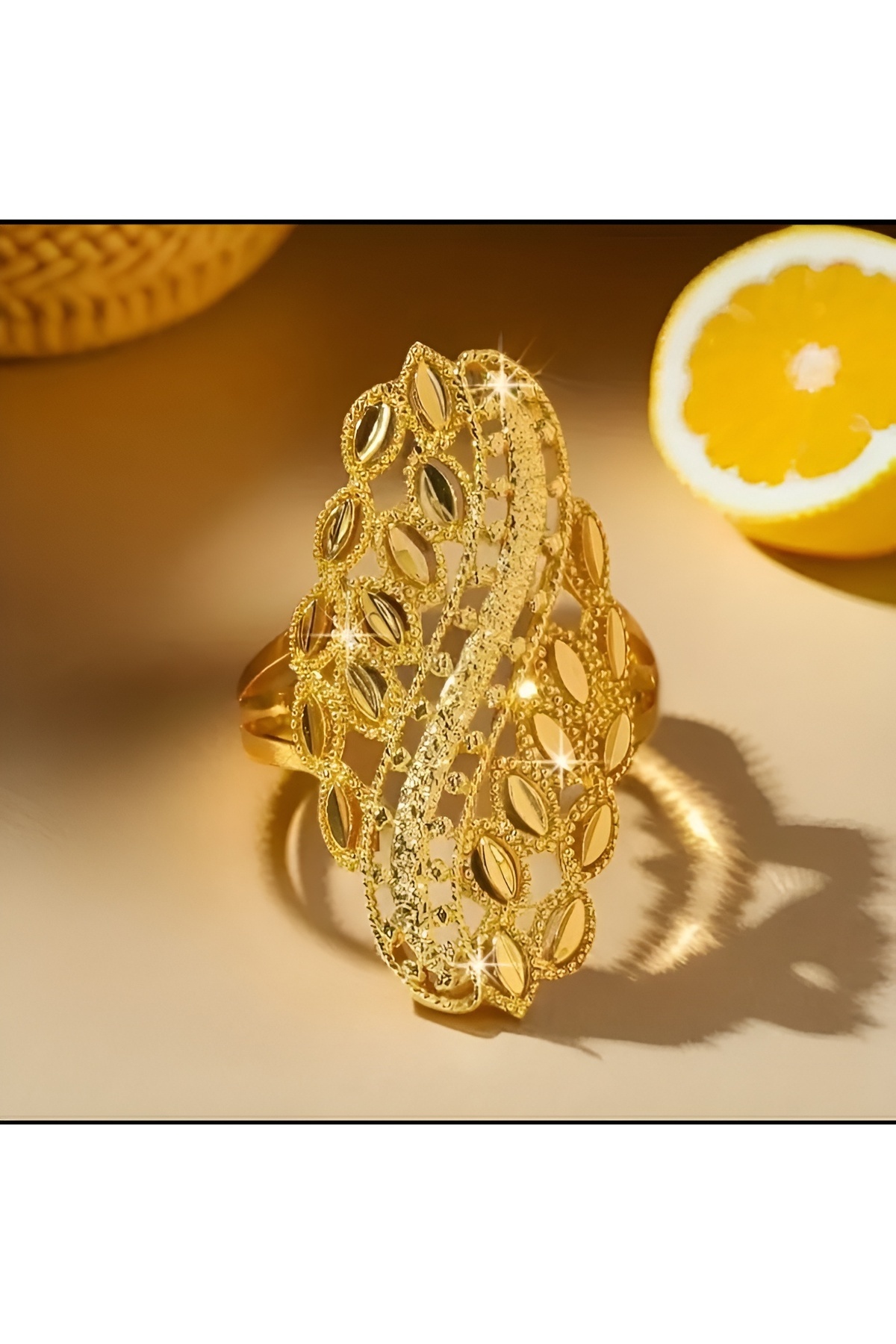 Jadem Gold 1 Adet 14K Altın Kaplama Detaylı Yaprak & Çiçek Desenli Açık İşlemeli Yüzük