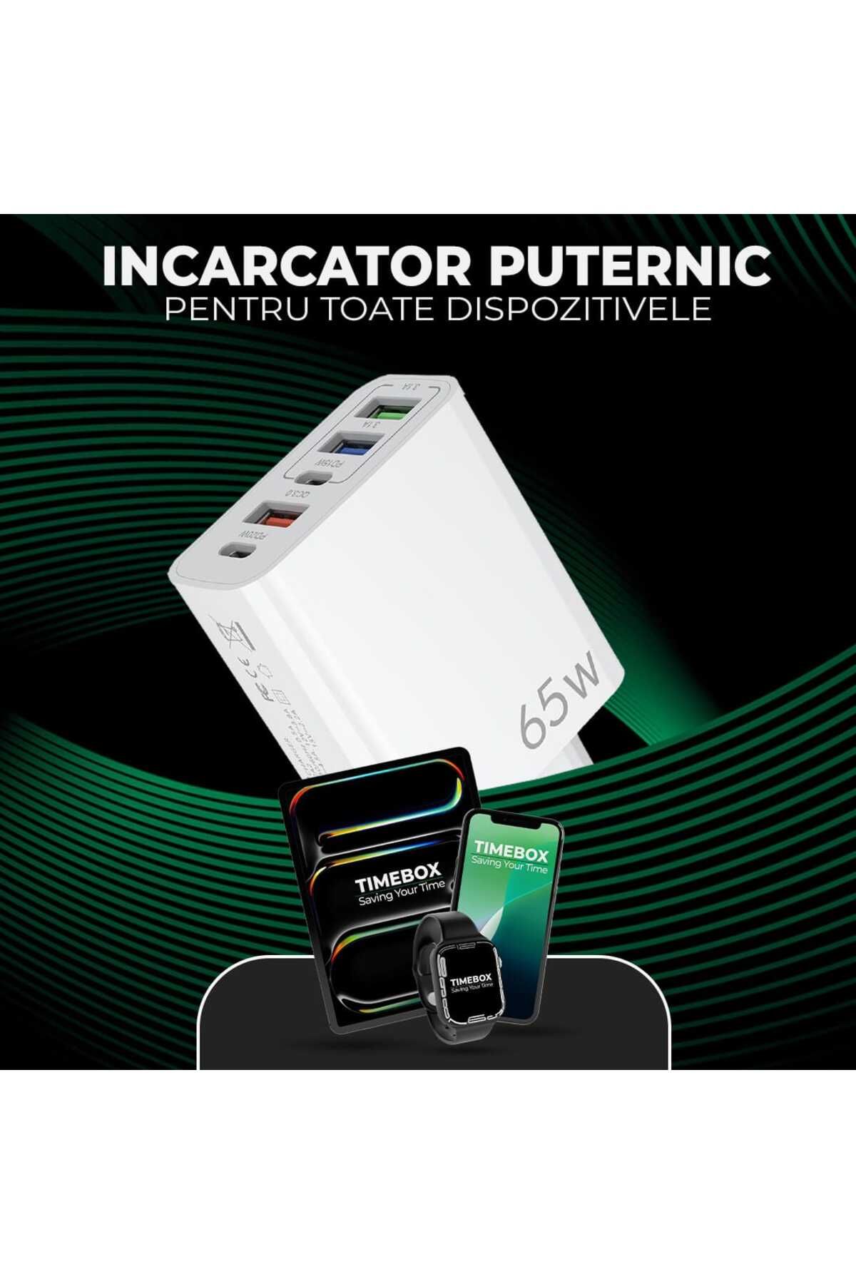 Timebox-Încărcător de rețea, 5 porturi, încărcare rapidă 65W, 3 x USB, 2 x Tip-C, cablu de date Lightning la USB-C inclus 9