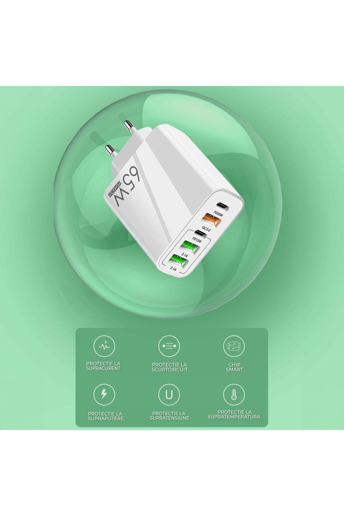 Timebox-Încărcător de rețea, 5 porturi, încărcare rapidă 65W, 3 x USB, 2 x Tip-C, cablu de date Lightning la USB-C inclus 5