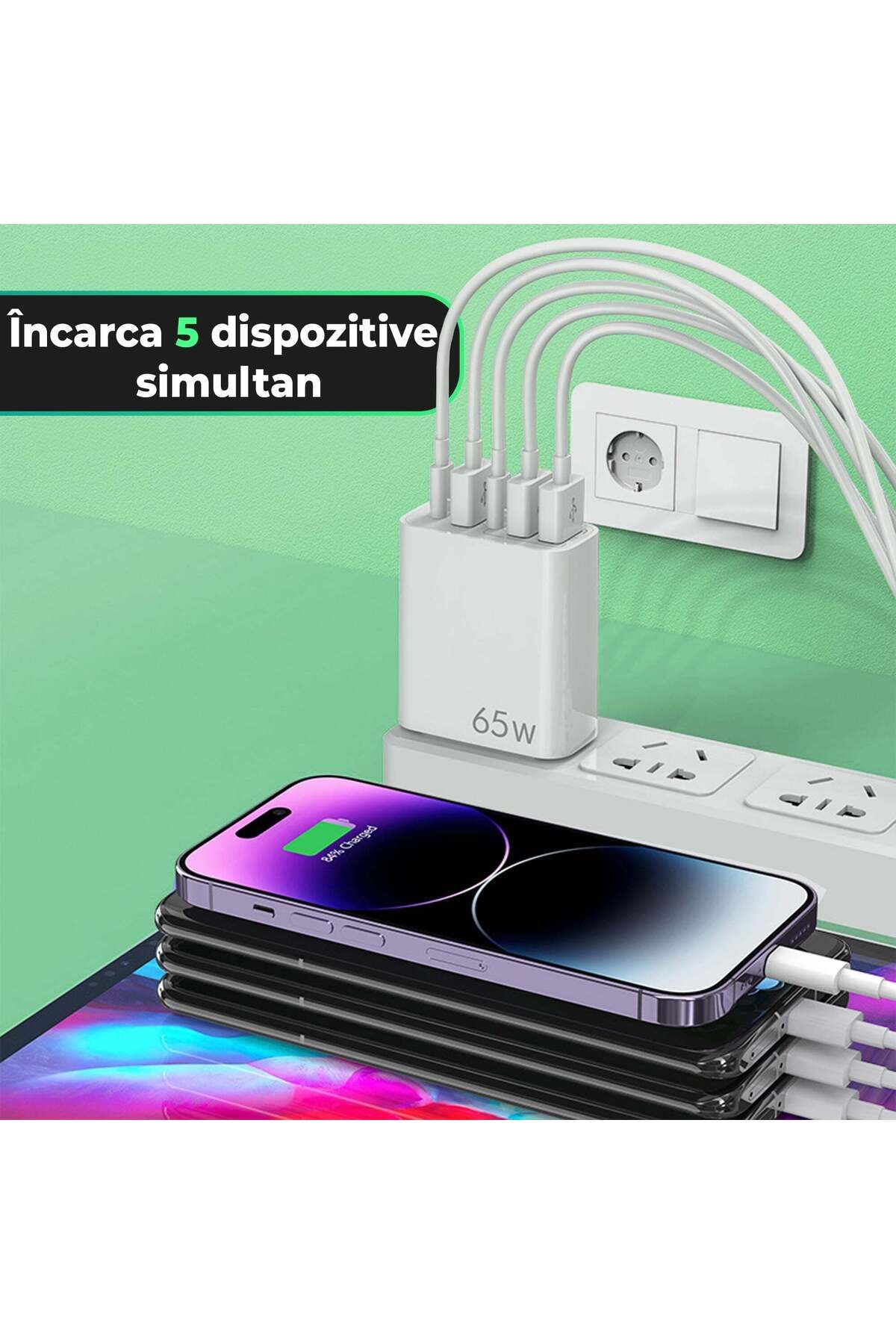 Timebox-Încărcător de rețea, 5 porturi, încărcare rapidă 65W, 3 x USB, 2 x Tip-C, cablu de date Lightning la USB-C inclus 2