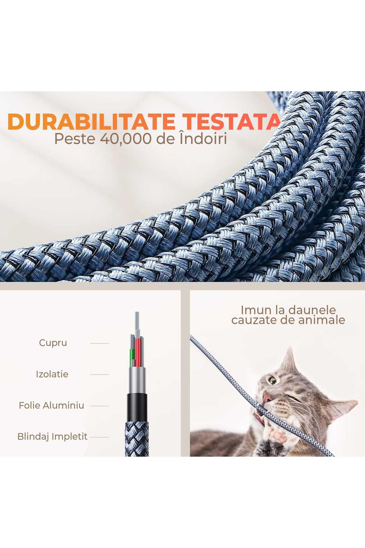 Timebox-Cablu de date și încărcare rapidă, 60W, 1m, USB-C la Tip-C, unghi de 90°, nailon, negru 5