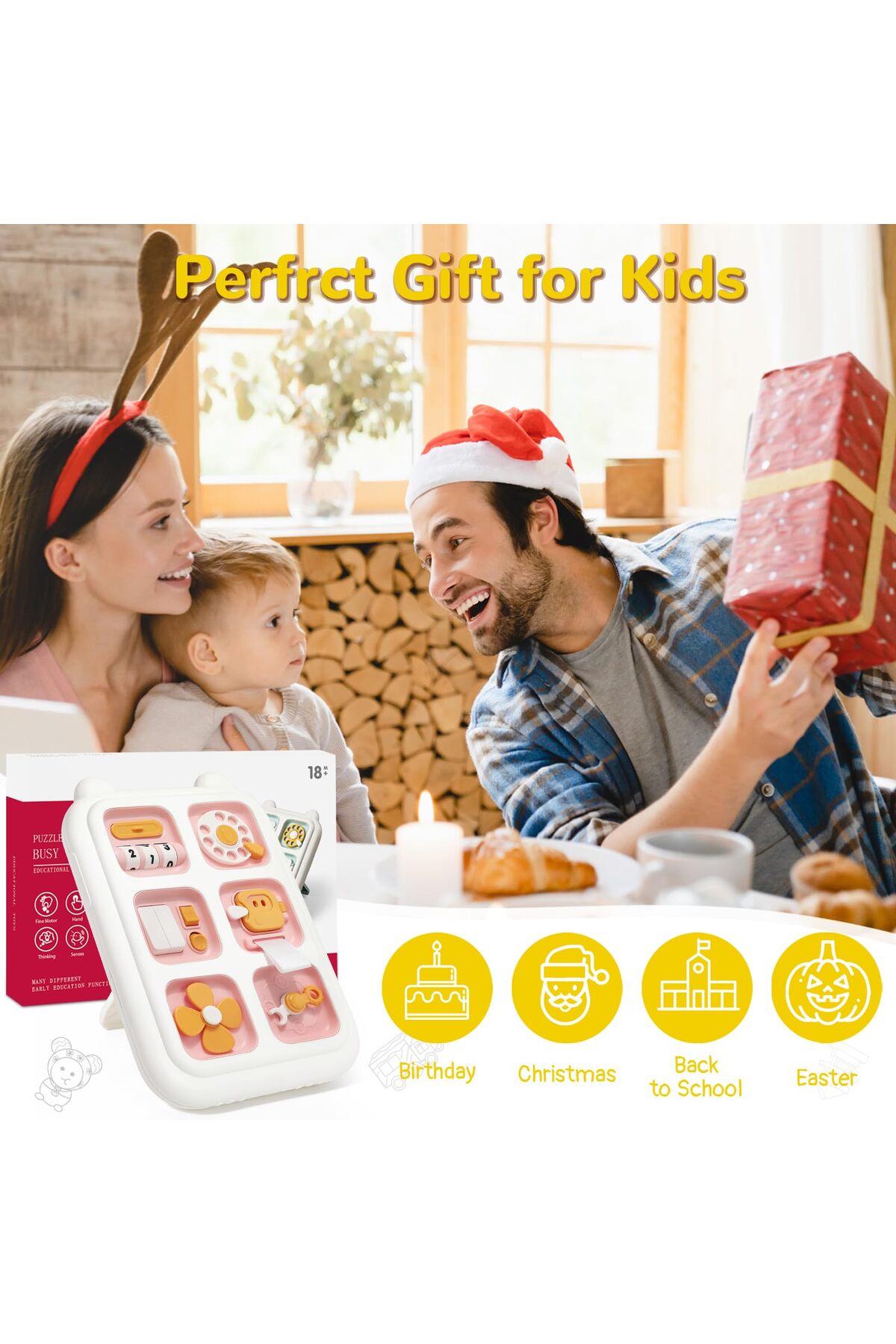 بازی‌های حسی مونته‌سوری برای سنین ۱ تا ۳ سال، تخته سرگرمی برای مهارت‌های حرکتی ظریف، هدیه تولد برای کودکان - صورتی