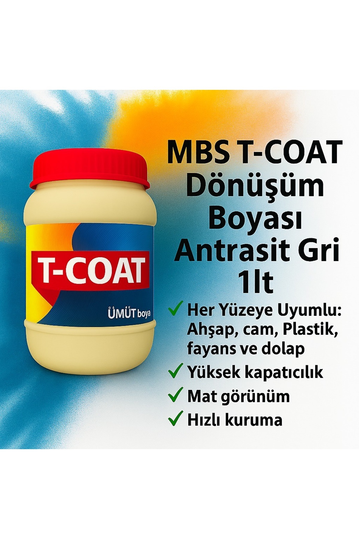 mbs kimya T-COAT Yeni Nesil Dönüşüm Boyası (Antrasit Gri 1Lt) ahşap-cam-plastik-duvar-fayans-dolap