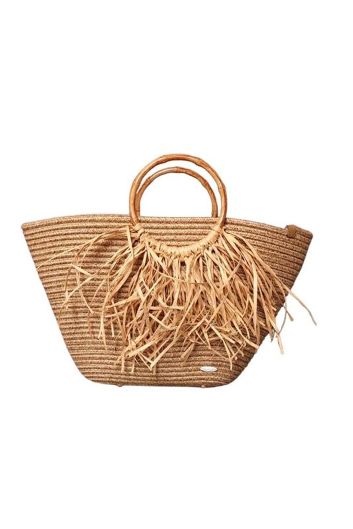 Uretti-- Ayşe 4723 0939 Handmade Jute Rope Straw Look Bag with Wooden Handle and Tassel - Brown 5