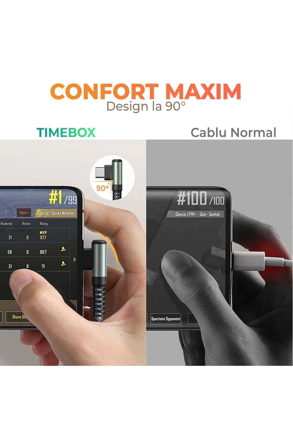 Timebox-Cablu de date și încărcare rapidă, 60W, 1m, USB-C la Tip-C, unghi de 90°, nailon, negru 4