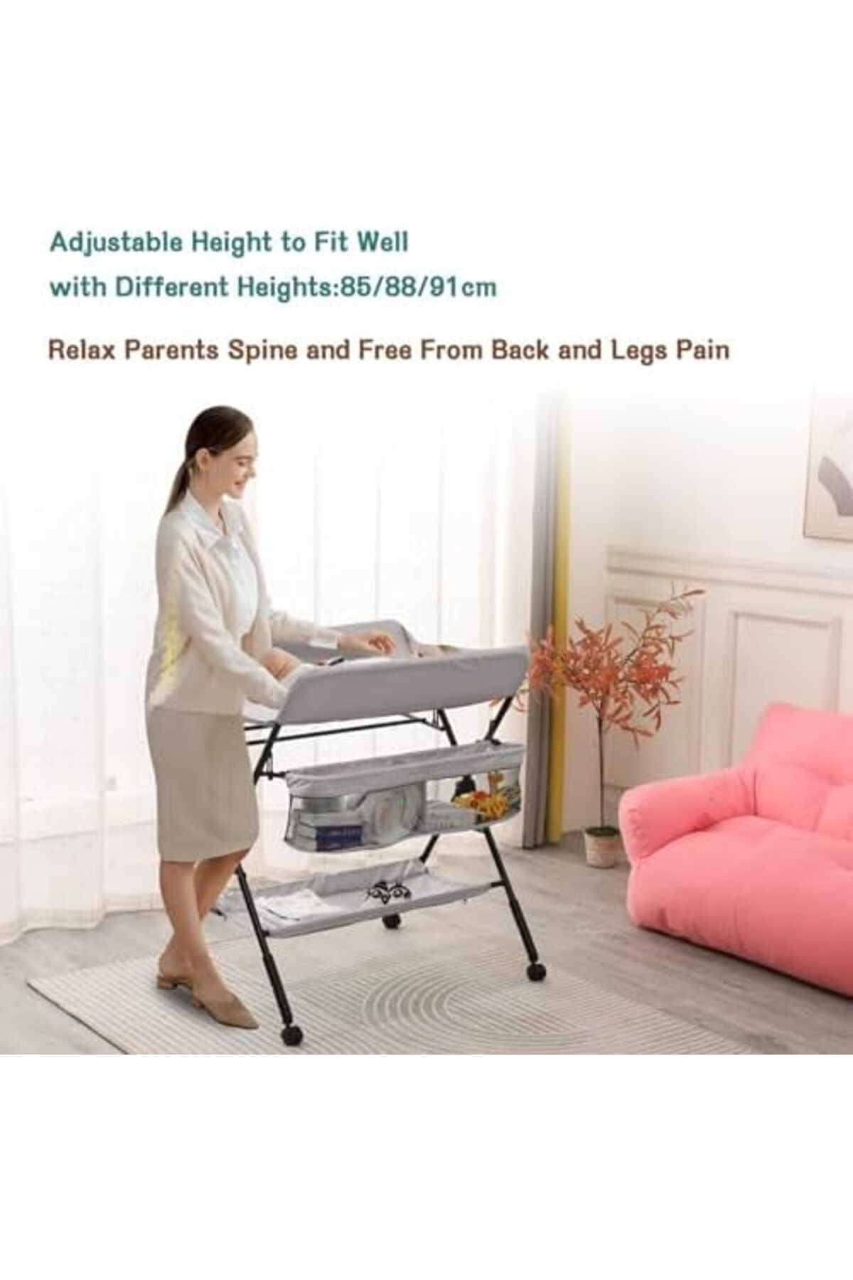SKY TOUCH-SKY-TOUCH Portable Baby Changing Table Dresser, Foldable Changing Table with Wheels, Bottom Rack, Si 6