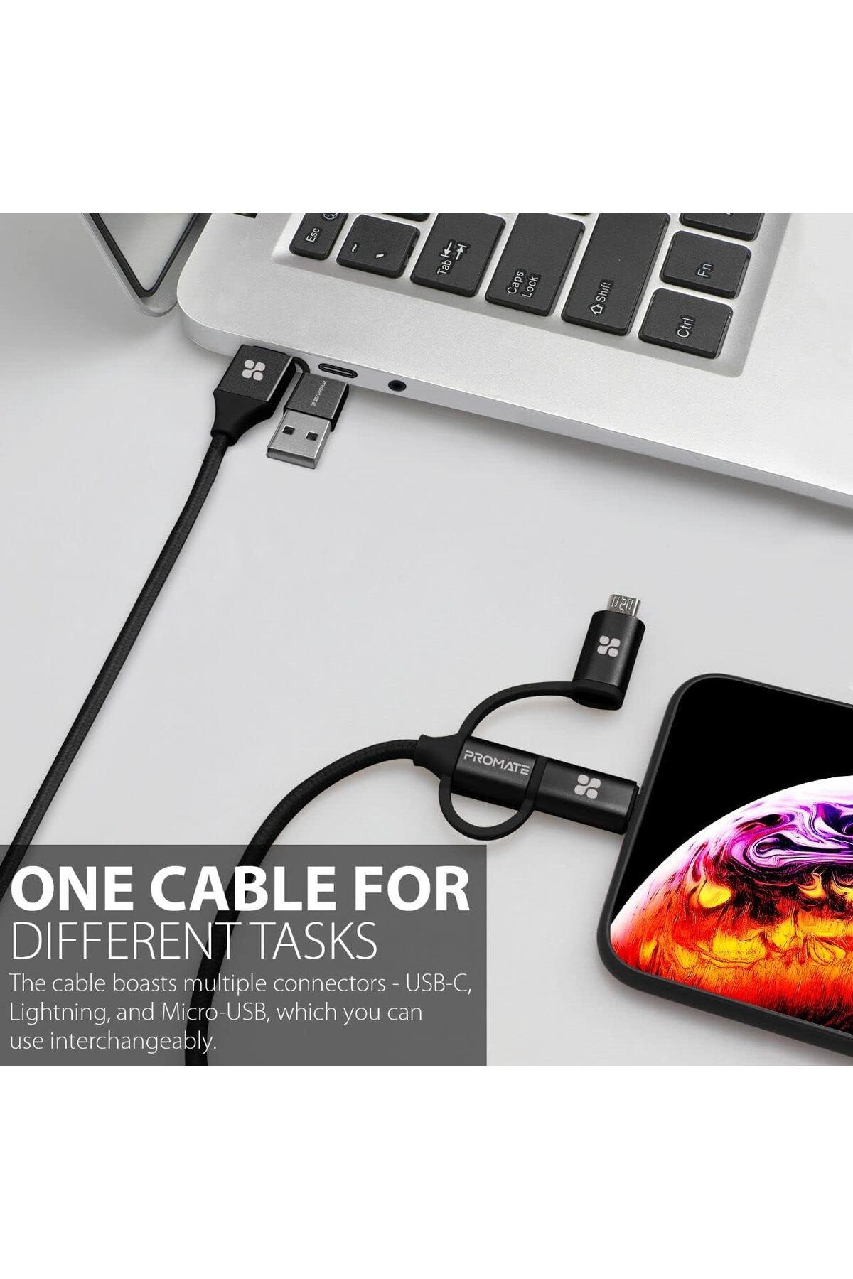 Promate-6-In-1 Multi Charging Cable, Lightning, USB-C, Micro USB to USB-A and USB-C,PentaPower-Black 5