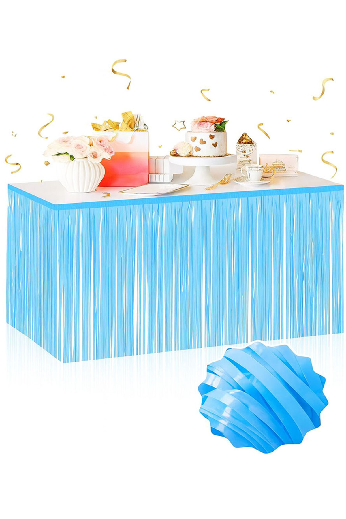BilfolD Kendinden Yapışkanlı Makaron Mavi Püsküllü Masa Eteği – 75 x 275 cm Parti Süslemesi