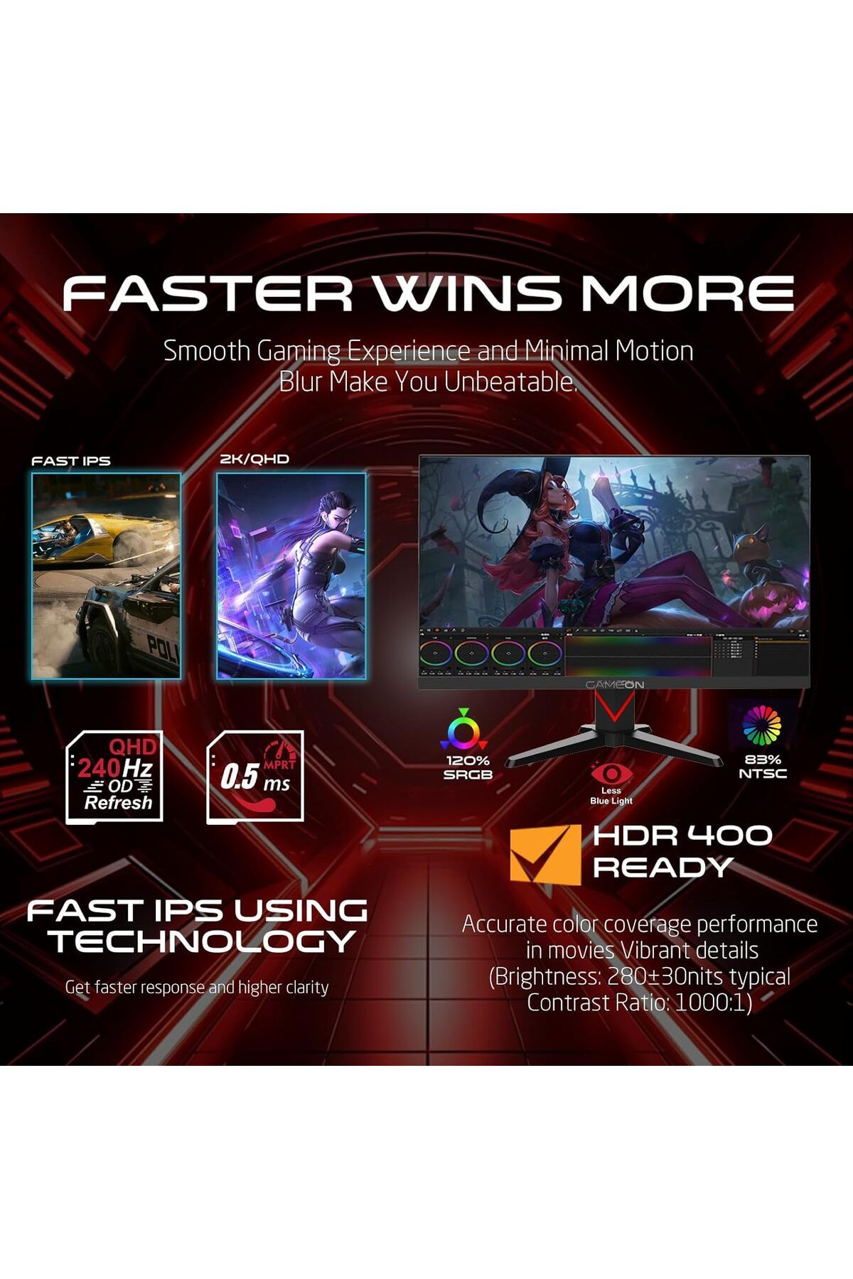 GAMEON-GOMD27QHD240IPS, Gaming Monitor 240Hz QHD, IPS, 0.5ms MPRT, HDMI 2.1 & DP 1.4, Console compatible 3