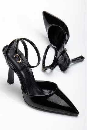 luff shoes Siyah Rugan İnce Topuklu Bilekten Bağlamalı Kadın Ayakkabı