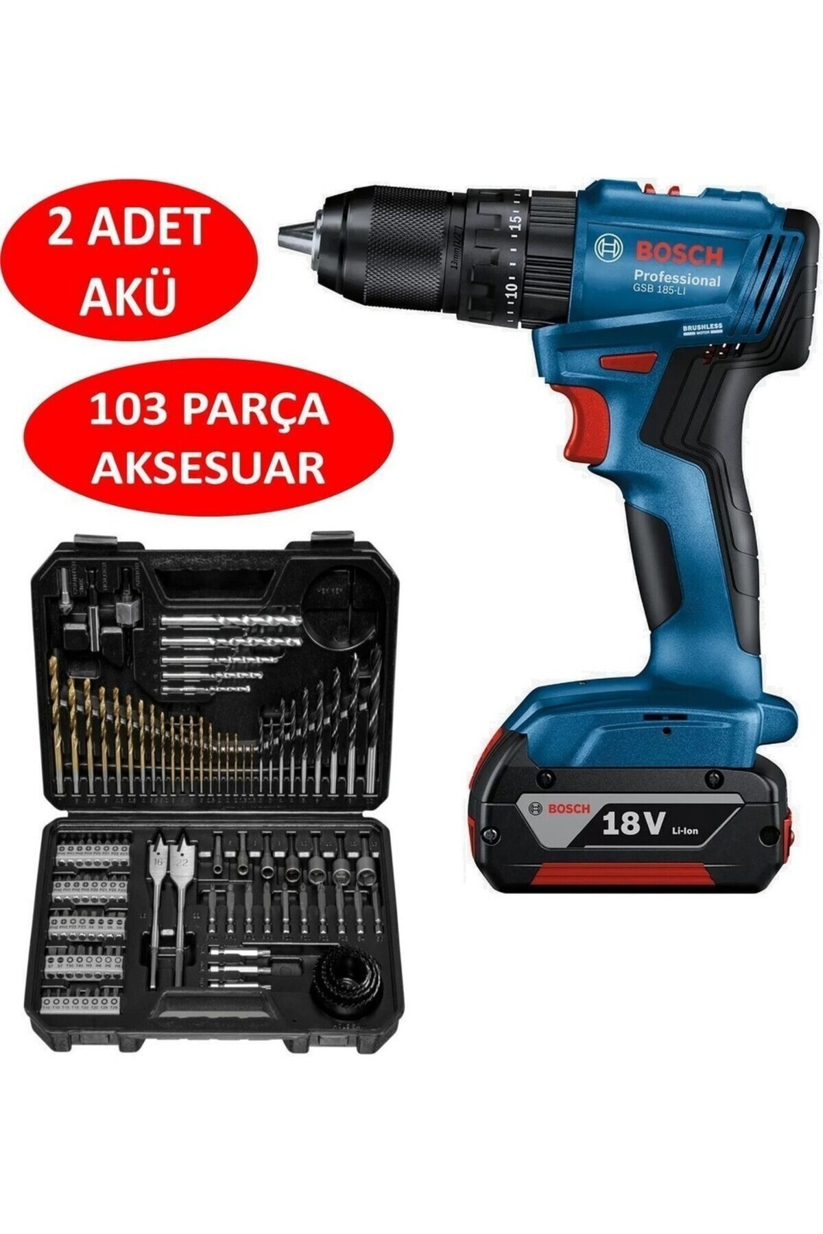 Bosch GSB 185-LI 2 x 2.0 Ah Çift Akülü Darbeli Matkap + 103 Parça V-line Karışık Uç Seti