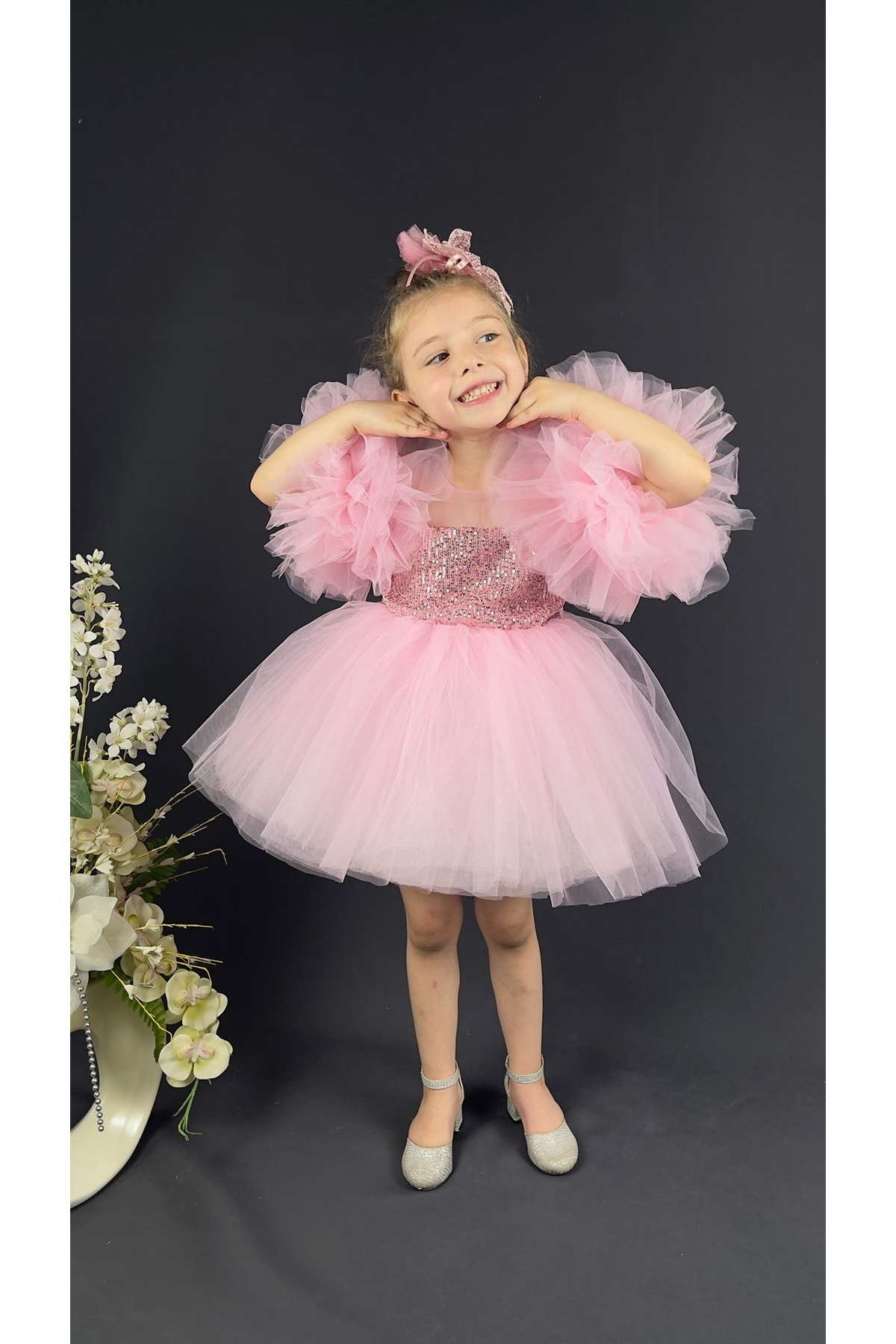 Mnk Baby&Kids Şifon Robalı Ponpon Kol Pul Payetli Kız Çocuk Kabarık Etek Tütülü Abiye PEMBE fotoğrafı 5 (önizleme)