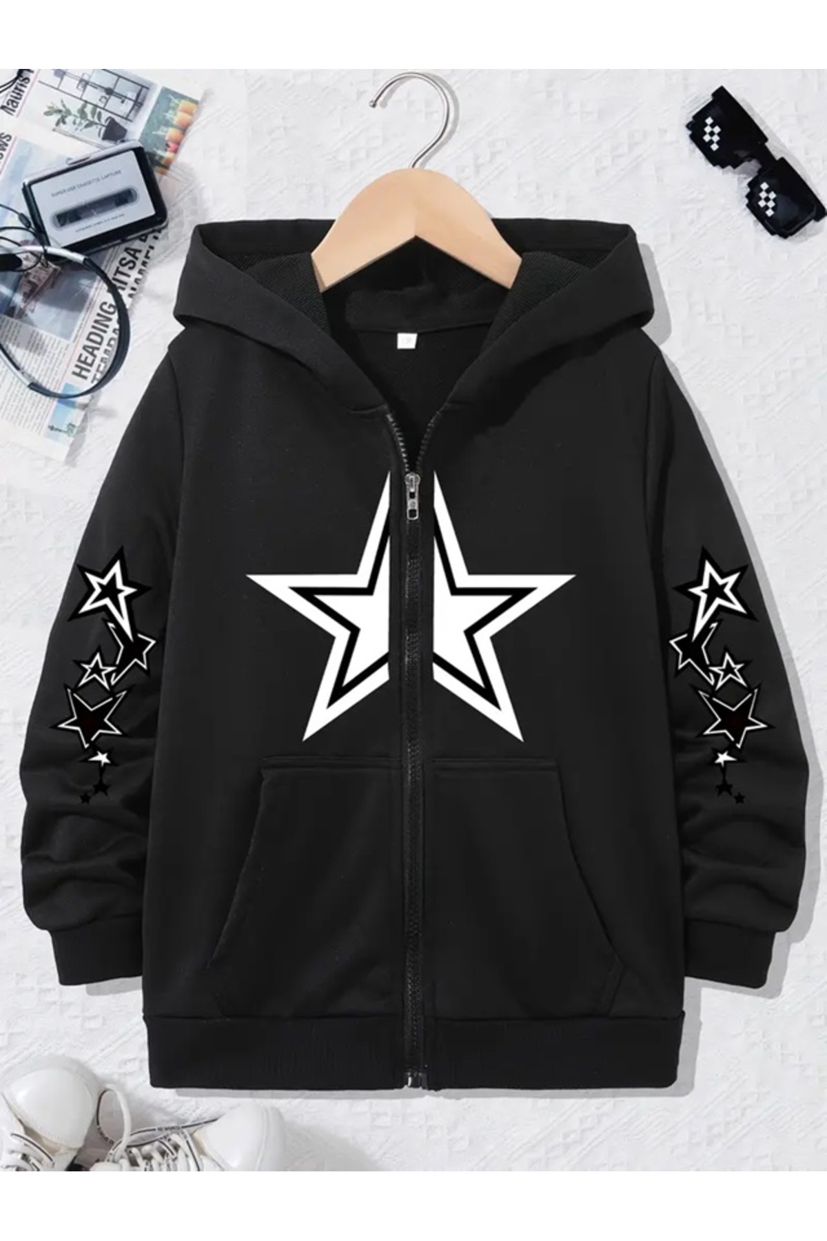 Touz Moda Y2k Star Baskılı Oversize Fermuarlı Siyah Unisex