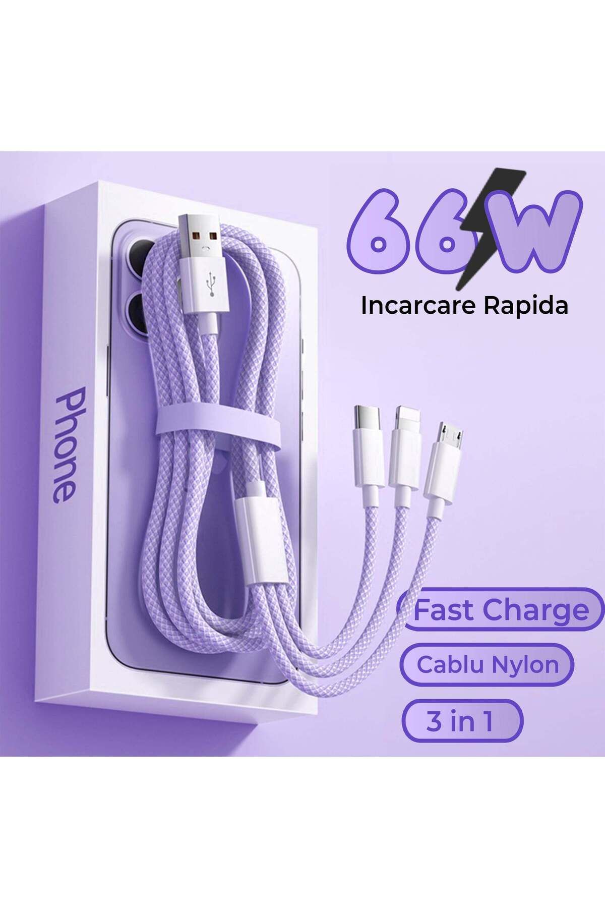 Timebox-Cablu de date și încărcare rapidă, 3 în 1, QC 3.0, 66W, USB, Tip-C, Iluminare, Micro-USB, 1.2m, Mov 2