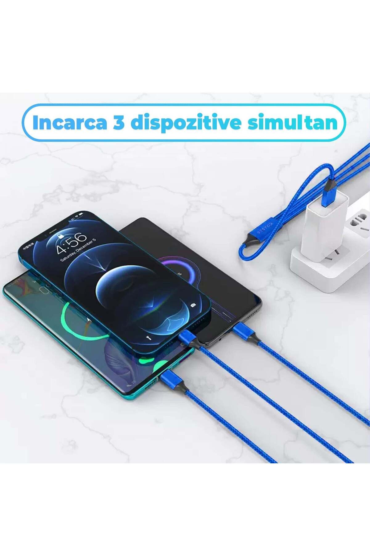 Timebox-Cablu de date și încărcare rapidă, 3 in 1.40W, QC 3.0, USB, USB-C, Lightning, 1.2m, Albastru 3