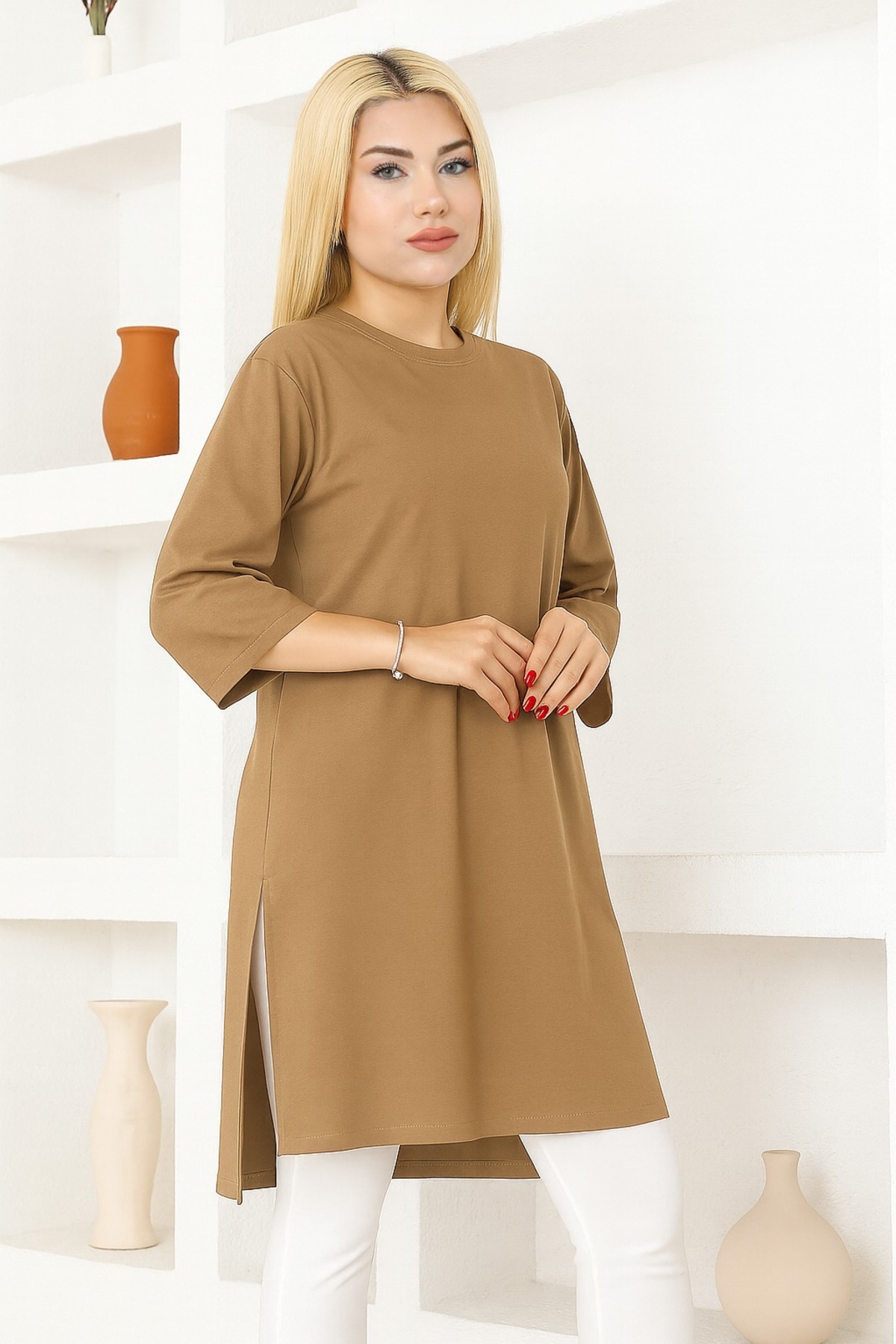 Women's Milk Coffee Oversized Tunic T-Shirt – Half Sleeve, Round Neck, Casual Cut