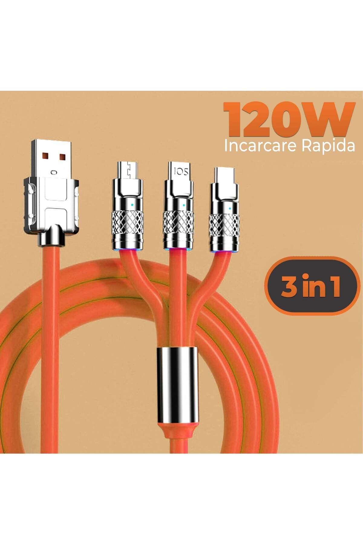 Timebox-Cablu de date și încărcare rapidă, 3 în 1, 120W, QC 3.0, USB, USB-C, iluminare, 1,2 m, portocaliu 2