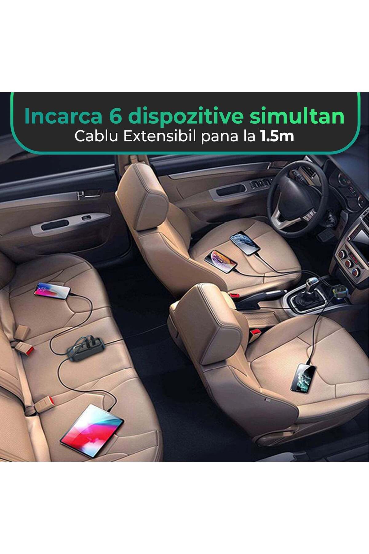 Timebox-Încărcător auto 66W, încărcare super rapidă, 6 în 1, USB-C, USB, lumini LED, universal, negru 4