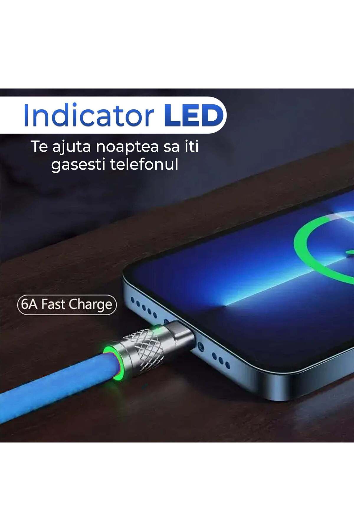 Timebox-Cablu de date și încărcare rapidă, 3 în 1, 120W, QC 3.0, USB, USB-C, iluminare, 1,2 m, albastru 5