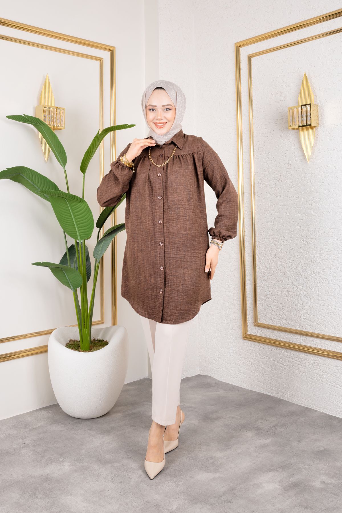 Nevayla Moda-Gathered Front Tunic with Elastic Ankle - Brown / Ü104 1